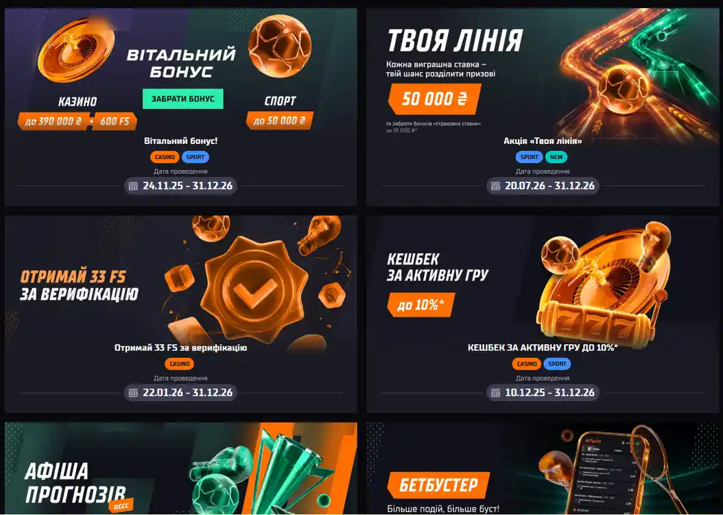 Сторінка акцій Allwin: вітальний бонус, фриспіни за верифікацію та кешбек